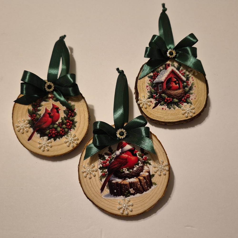 Charming Cardinal Wooden Ornaments with Green Ribbon
